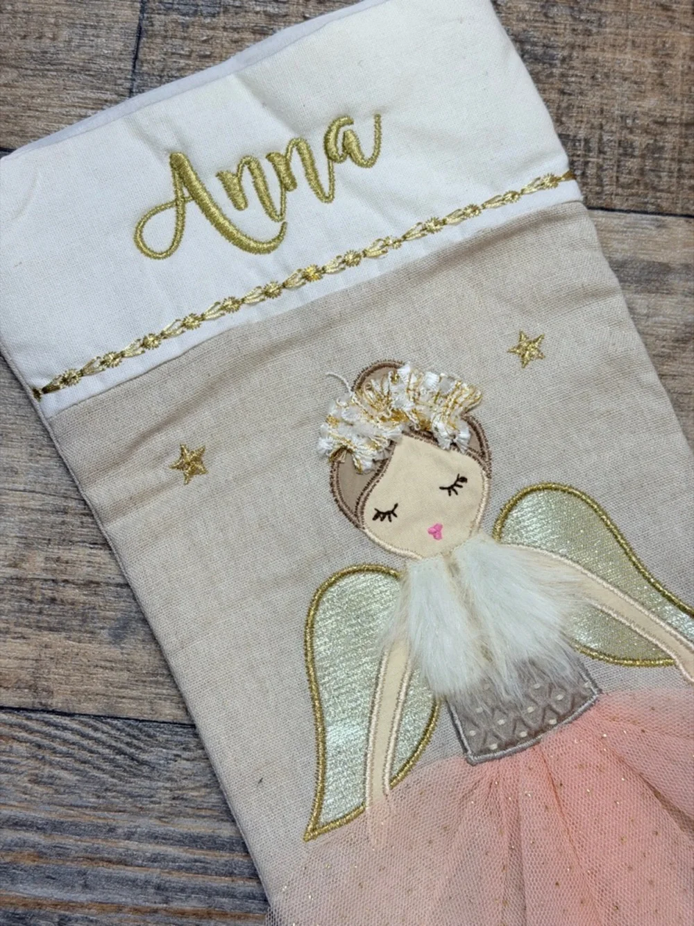 PERSONALIZED WITH ANNA  MON AMI Glitter Angel Pink Tulle Christmas Stocking